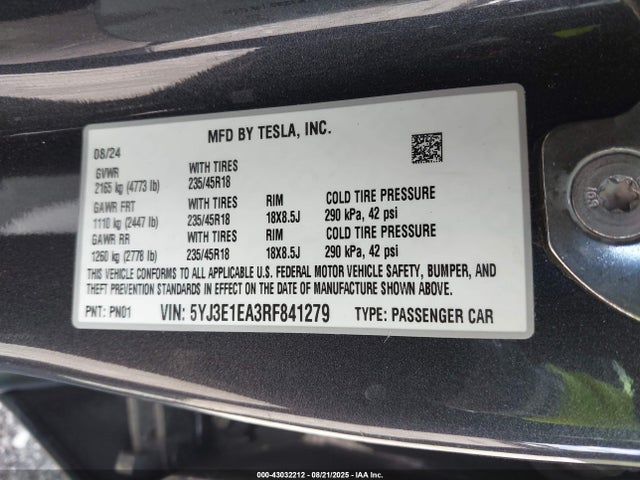 2024 TESLA MODEL 3 5YJ3E1EA3RF841279 Photo 8