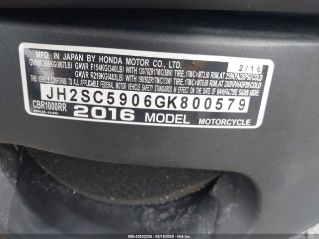 2016 HONDA CBR1000 JH2SC5906GK800579 Photo 9