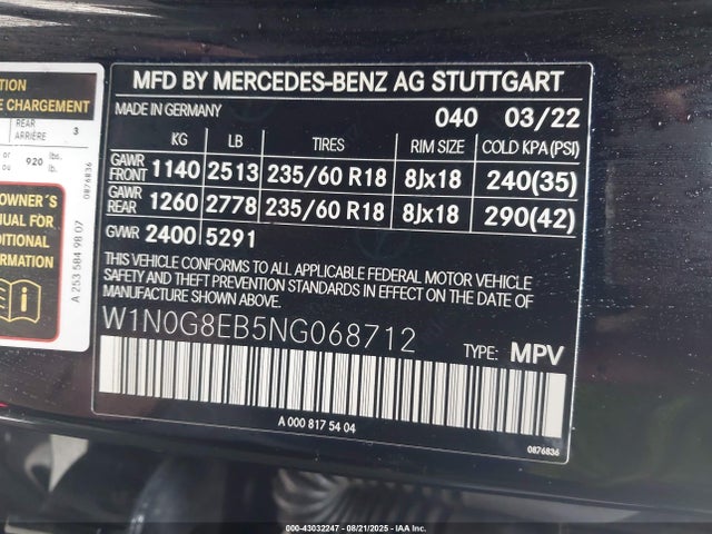 W1N0G8EB5NG068712 Mercedes-Benz m274