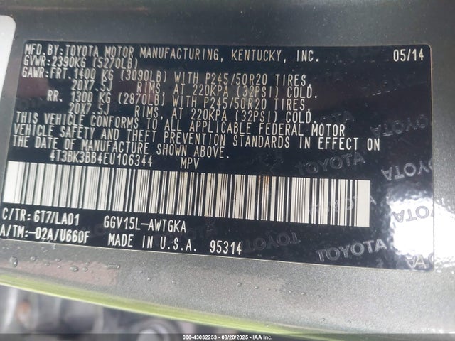 Toyota 2gr-fe 2014 4T3BK3BB4EU106344 Image 9