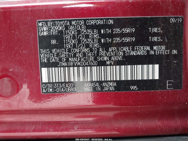 Toyota a25a-fks 2019 JTMA1RFV9KD047600 Image 9