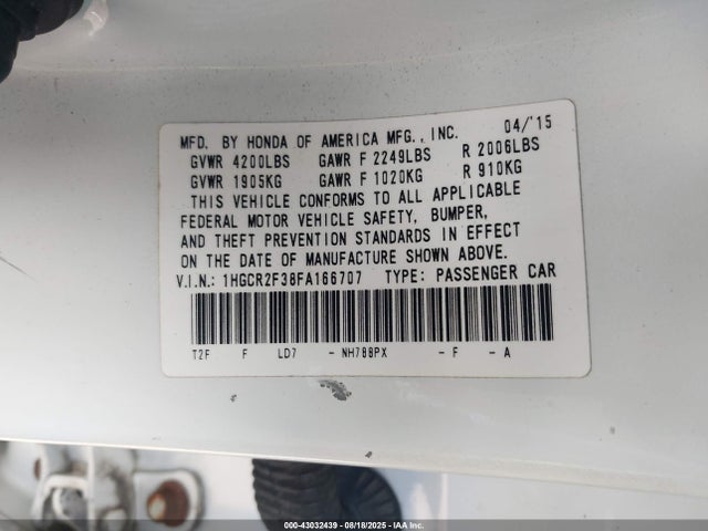 Honda k24w1 2015 1HGCR2F38FA166707 Image 9