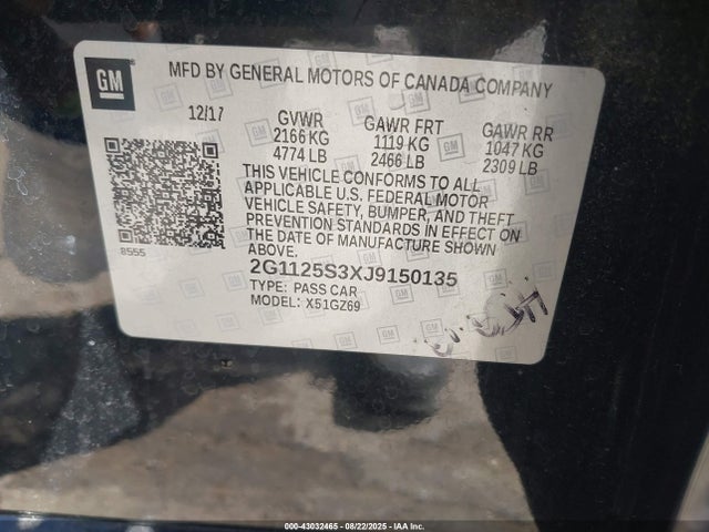 2G1125S3XJ9150135 Chevrolet lfx - spark ignited direct injection, vvt, e85 max, alum