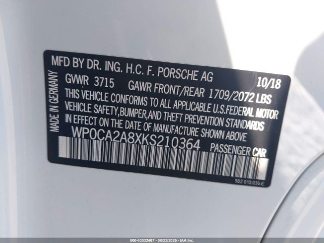 2019 PORSCHE 718 BOXSTER WP0CA2A8XKS210364 Photo 8