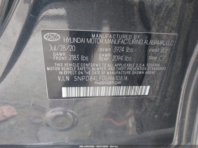 5NPD84LF0LH610814 Hyundai mpi nu