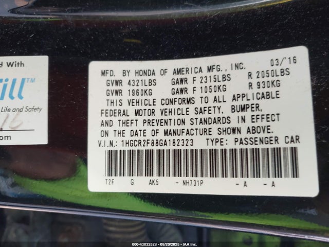 1HGCR2F88GA182323 Honda k24w1