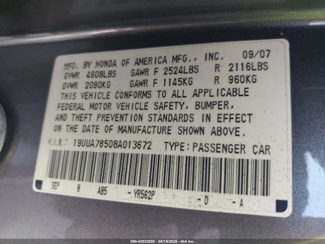2008 ACURA TL 19UUA76508A013672 Photo 8