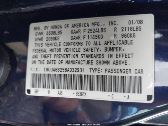 2008 ACURA TL 19UUA66258A032931 Photo 8