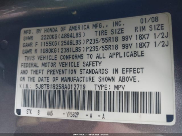 2008 ACURA RDX 5J8TB18258A012719 Photo 8