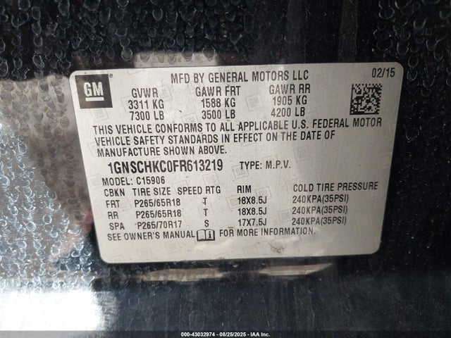 1GNSCHKC0FR613219 Chevrolet l83 - vvt, active fuel management, aluminum