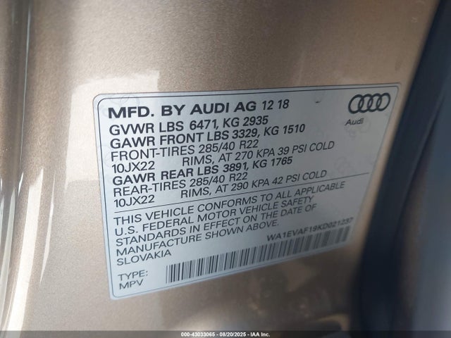 Audi 3.0t 2019 WA1EVAF19KD021237 Image 9