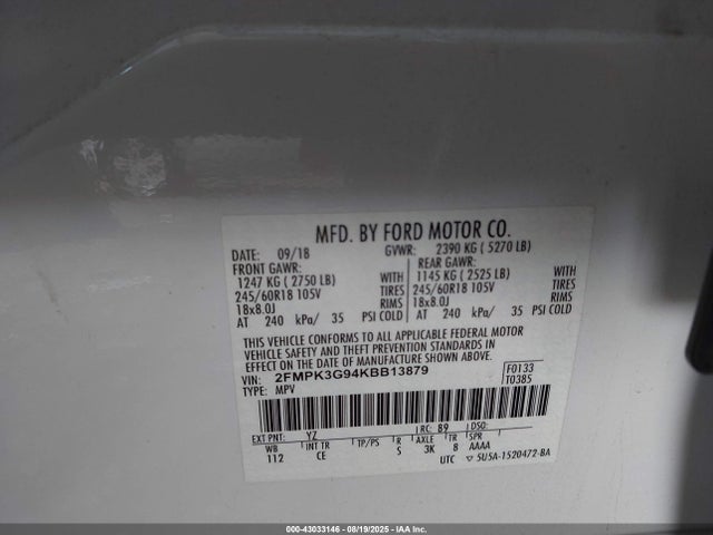 2FMPK3G94KBB13879 Ford 2.0l gtdi w/premium fuel