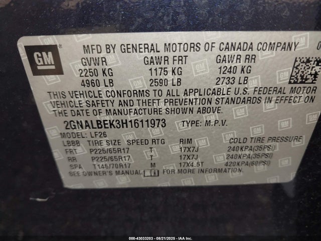 2GNALBEK3H1611973 Chevrolet lea - sidi: spark ignited direct injection, e85 max, alum