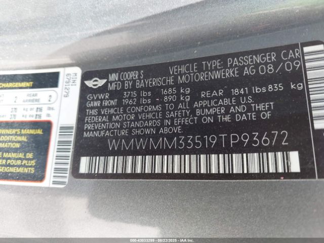 2009 MINI COOPER S CLUBMAN WMWMM33519TP93672 Photo 8