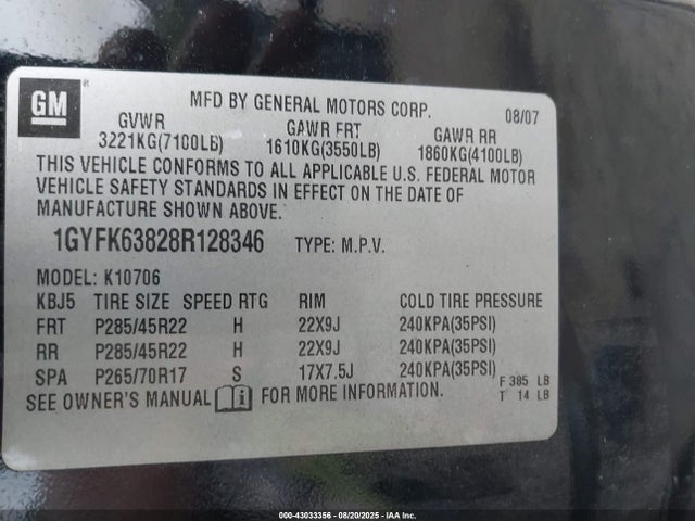 2008 CADILLAC ESCALADE 1GYFK63828R128346 Photo 8