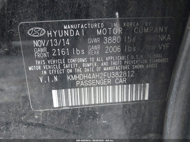 KMHDH4AH2FU382812 Hyundai dohc gdi nu