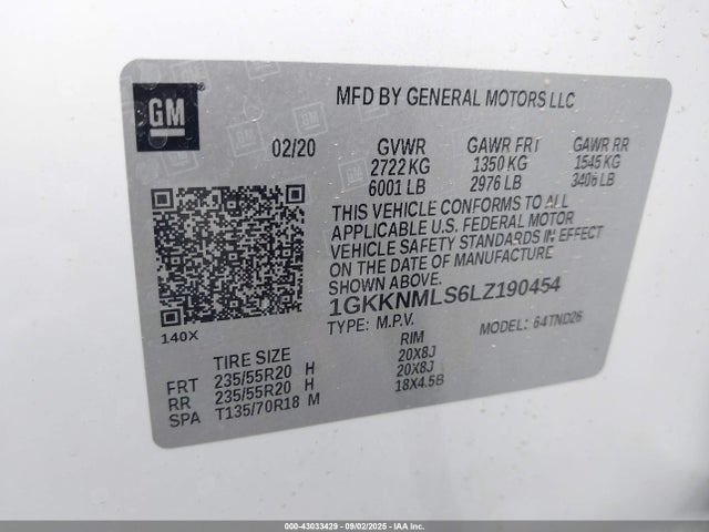 1GKKNMLS6LZ190454 GMC lgx - direct injection, variable valve timing, alum, gen 2