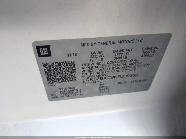 GMC l83 - spark ignited direct injection, variable valve timing, afm, e85 max, alum 2019 1GKS2BKC8KR239336 Image 9