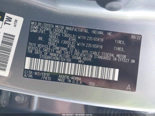 2022 TOYOTA HIGHLANDER 5TDGBRCH0NS104166 Photo 8