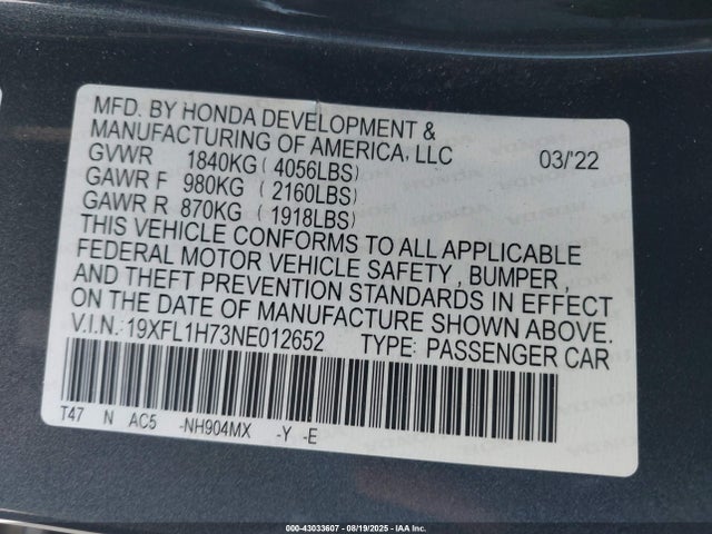 19XFL1H73NE012652 Honda l15b7