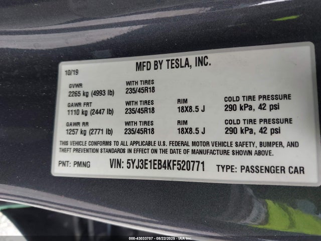 2019 TESLA MODEL 3 5YJ3E1EB4KF520771 Photo 8
