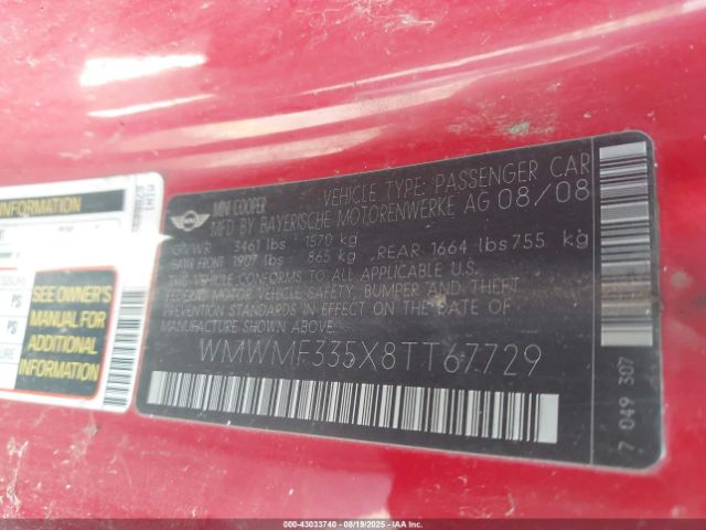 2008 MINI COOPER WMWMF335X8TT67729 Photo 8
