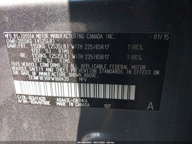 Toyota 2ar-fe 2015 2T3WFREV0FW160420 Image 9