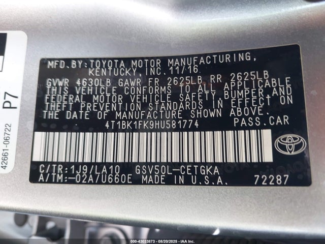 4T1BK1FK9HU581774 Toyota 2gr-fe