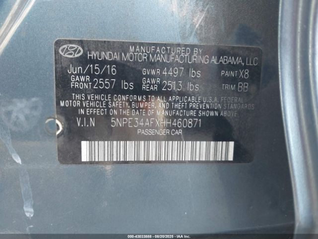 2017 HYUNDAI SONATA 5NPE34AFXHH460871 Photo 8