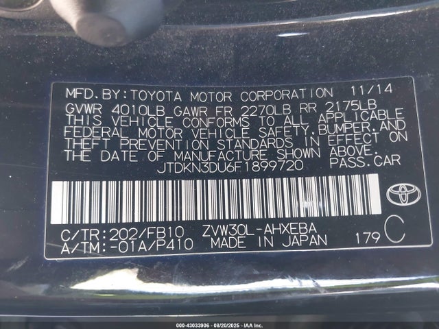 Toyota 2zr-fxe+3jm 2015 JTDKN3DU6F1899720 Image 9