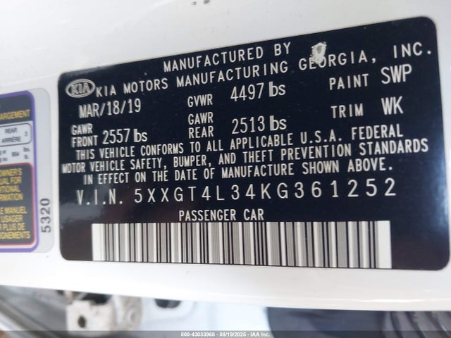 5XXGT4L34KG361252 KIA gdi
