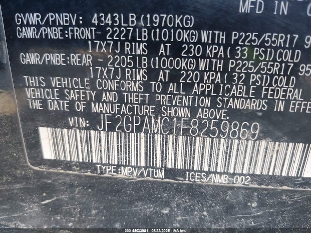 JF2GPAMC1F8259869 Subaru 2.0l naturally aapirated