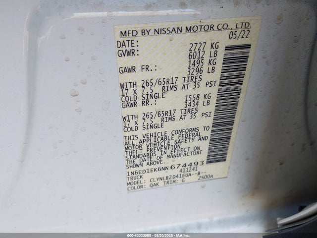 1N6ED1EK6NN674493 Nissan Frontier