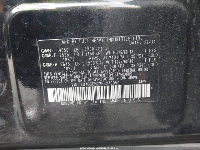 Subaru 3.6l u4 2015 4S4BSENC2F3273950 Image 9