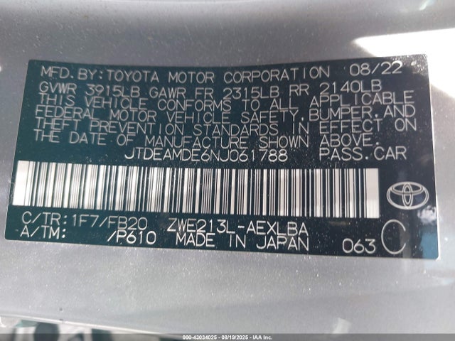 JTDEAMDE6NJ061788 Toyota 2zr-fxe, 1nm