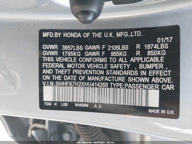 SHHFK7H2XHU414269 Honda l15ba