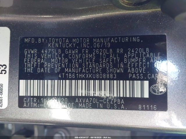 4T1B61HKXKU808883 Toyota a25a-fks
