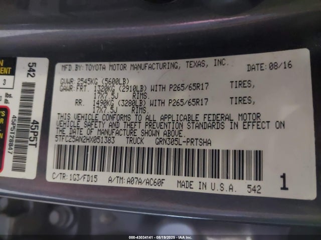 5TFCZ5AN2HX051383 Toyota 2gr-fks