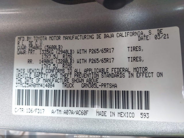 3TMCZ5AN0MM414084 Toyota 2gr-fks
