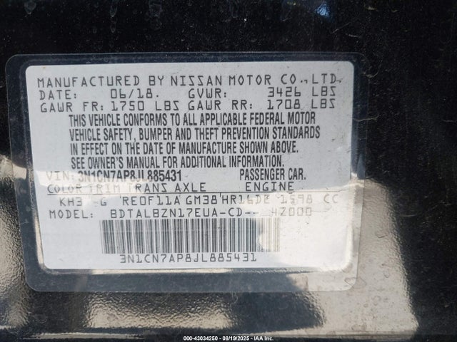 3N1CN7AP8JL885431 Nissan 2018