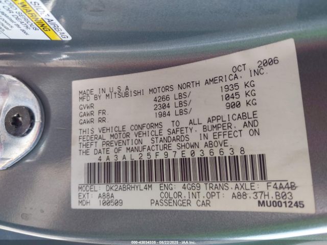 2007 MITSUBISHI ECLIPSE SPYDER 4A3AL25F97E036638 Photo 8