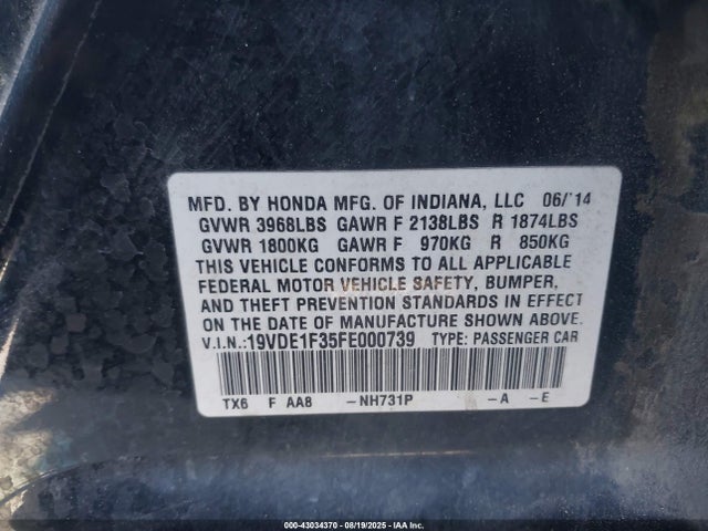 Acura r20a5 2015 19VDE1F35FE000739 Image 9