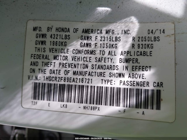 Honda k24w1 2014 1HGCR2F89EA216721 Image 9