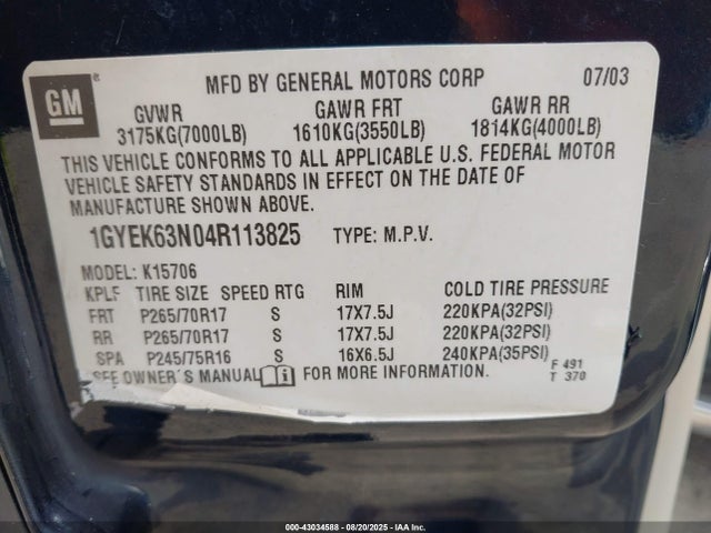 2004 CADILLAC ESCALADE 1GYEK63N04R113825 Photo 8