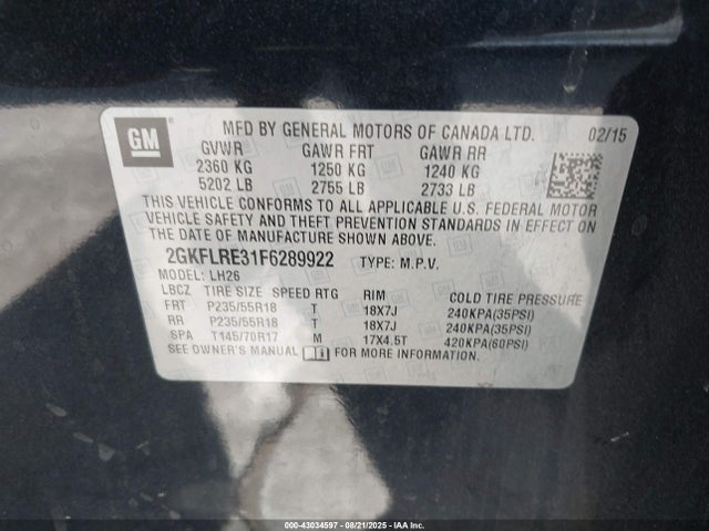 GMC lfx - sidi, vvt, e85 max, alum 2015 2GKFLRE31F6289922 Image 9