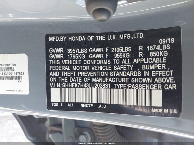 SHHFK7H43LU203831 Honda l15ba
