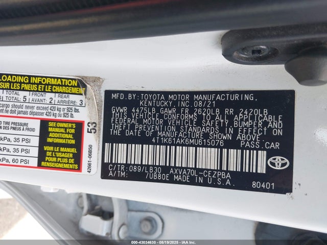 4T1K61AK6MU615076 Toyota a25a-fks