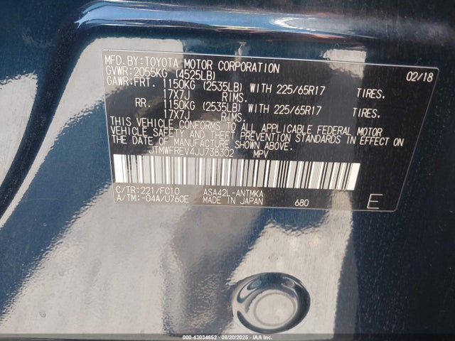 JTMWFREV4JJ738302 Toyota 2ar-fe