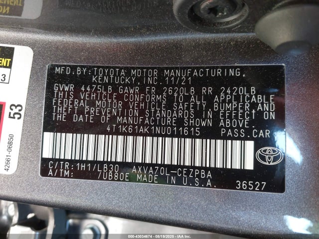 4T1K61AK1NU011615 Toyota a25a-fks