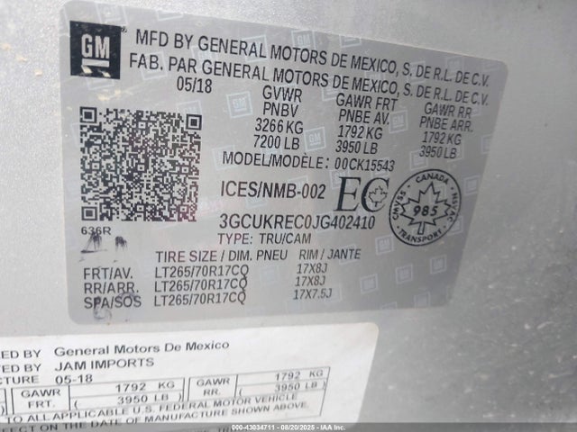 3GCUKREC0JG402410 Chevrolet l83 - sidi: spark ignited direct injection, vvt: variable valve timing, afm, e85 max, alum